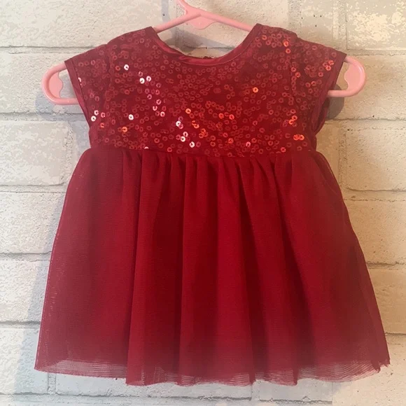 Girls Cat & Jack Red Sequin Holiday Dress with Lining w/undies 0-3 NWT